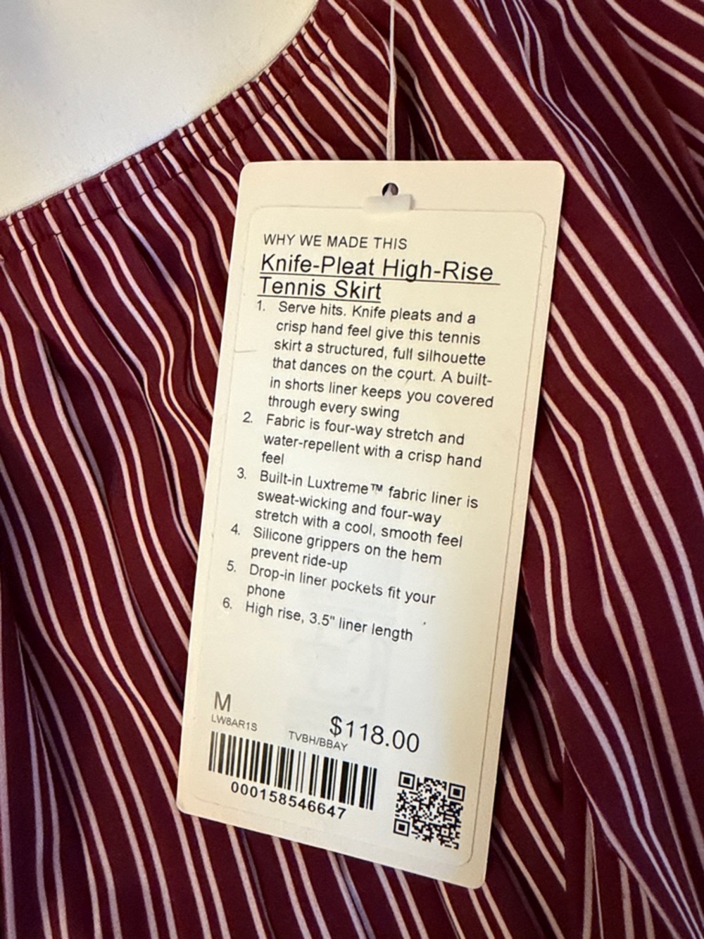 Knife-Pleat High-Rise Tennis Skirt in Burgundy with White Stripes